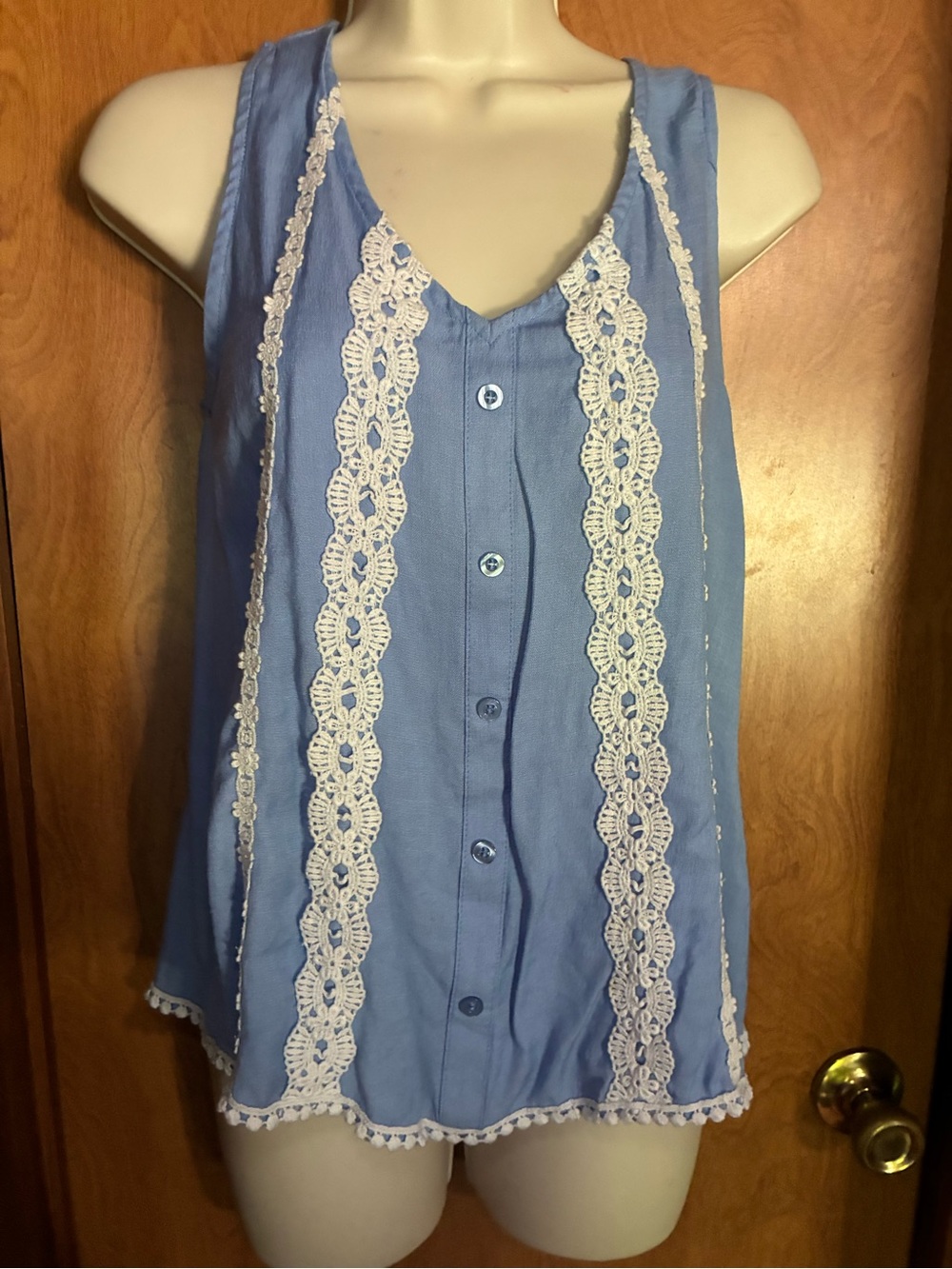 Mine Cottagecore Blue Lace-Trim Button Front Women's Top Small